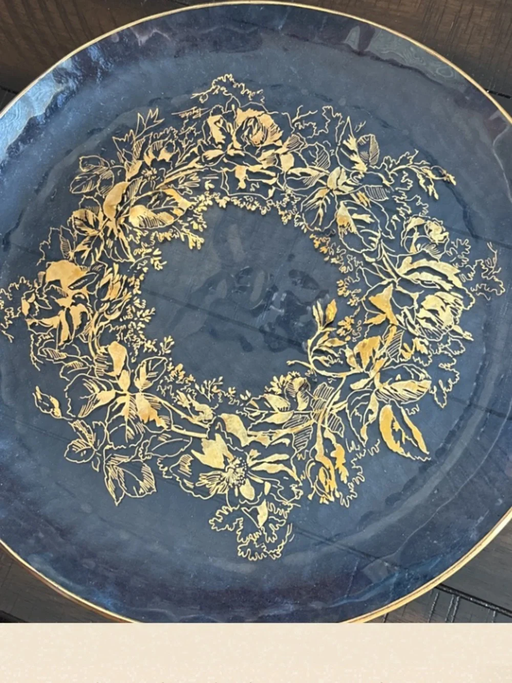 Vintage Cobalt Blue Glass Decorative Plate with Gold Floral Wreath